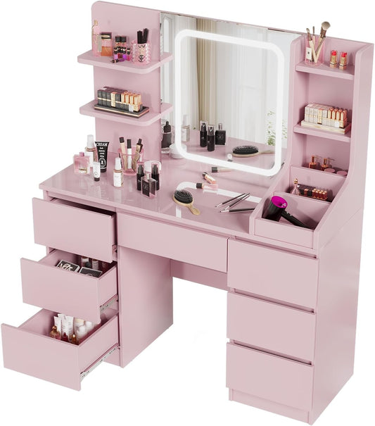 Devoko Large Dressing Table with Adjustable LED Lights and Drawer, Makeup Table with Mirror, Makeup Table with 7 Drawers, 4Open Storage Shelves, Modern Bedroom Furniture for Girls,110 x 40cm(Pink) - QUORE