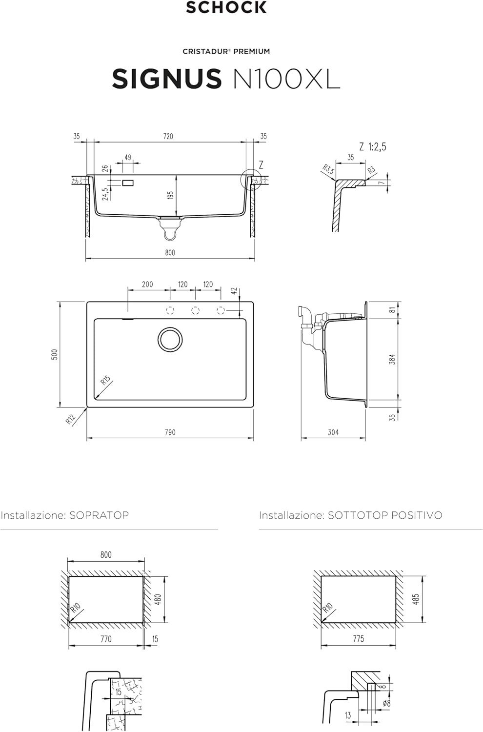 Schock Primus N100 x l AP 51 Onderbouwgootsteen Sink, rechthoekig, antraciet, rechthoekig, 720 x 384 mm