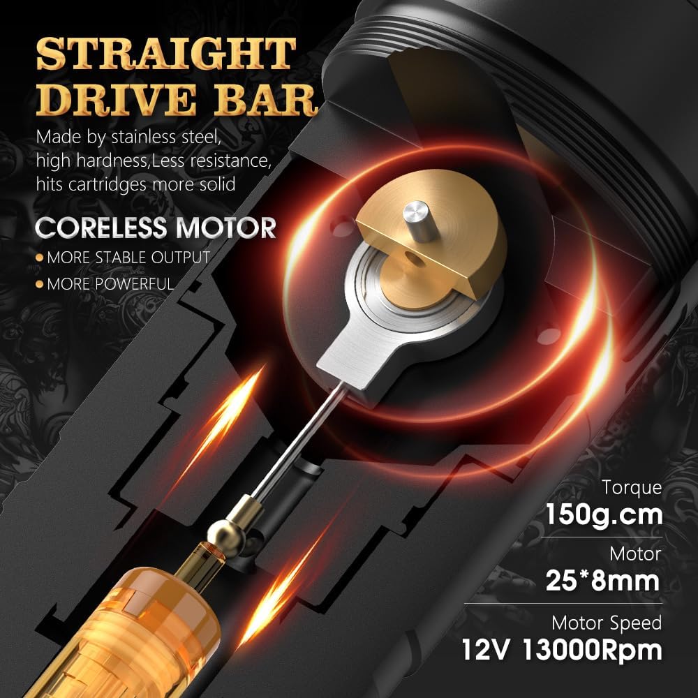 Ambition Ninja Ultra Draadloze tattoo-machine met intelligente factureringsfunctie - Roterende cartridge-pen met 2 stuks 1900 mAh tattoo-pistool Coreless Motor Straight Drive Bar
