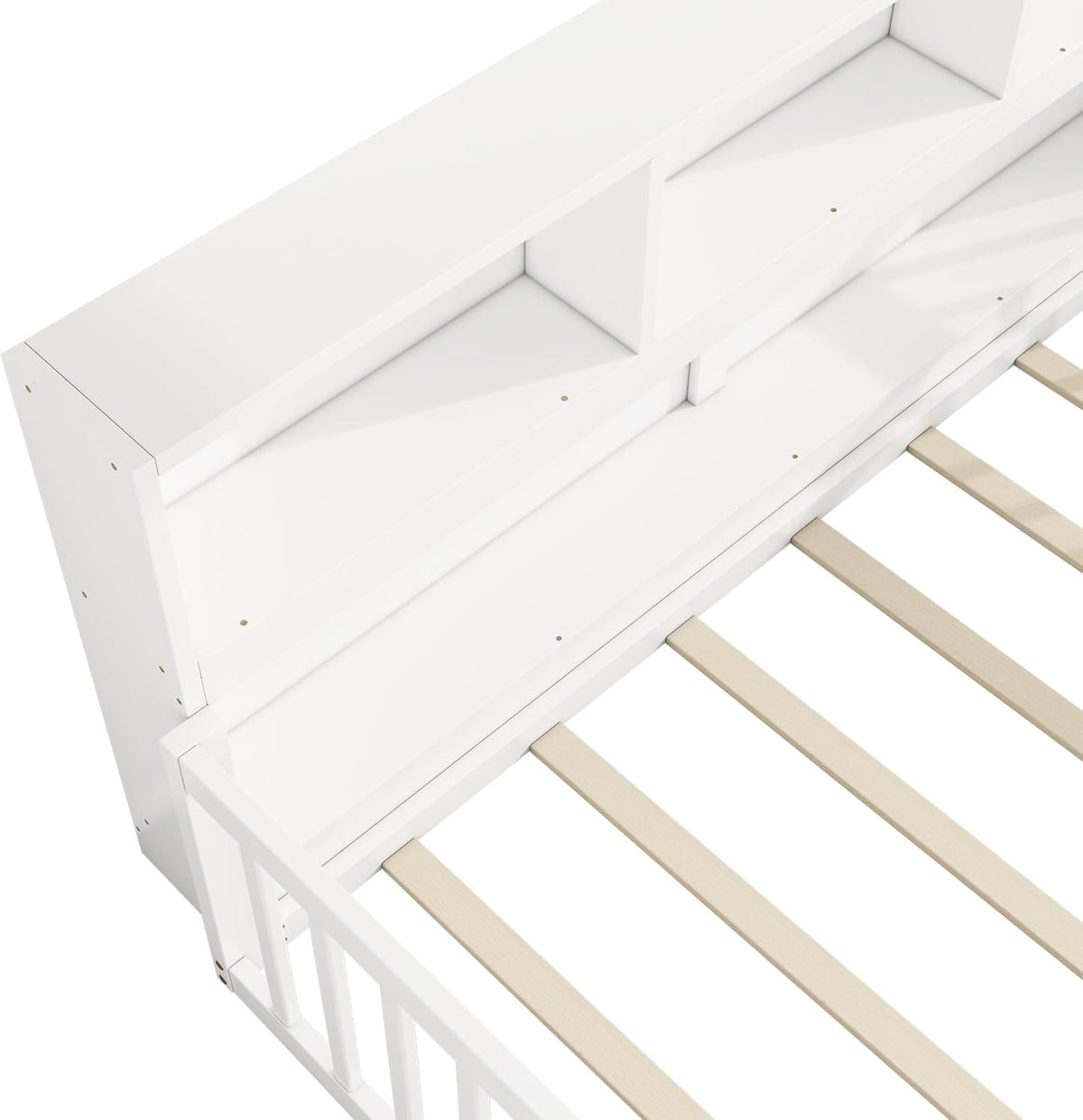 Children's Bed with Slatted Frame, Fall Protection, Rack and Fence, Youth Bed, Storage Room, Wooden Bed, Pine (White, 140 x 200 cm) - QUORE
