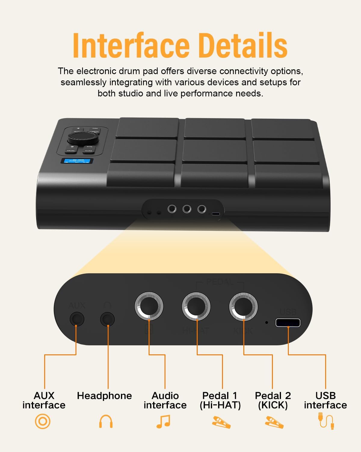 9-pads elektronische drum met LCD, dubbele stereoluidsprekers en pedalen | Draagbaar tafeldrumset voor beginners en professionals | Bluetooth MIDI-compatibel | Ideaal voor thuis, studio en