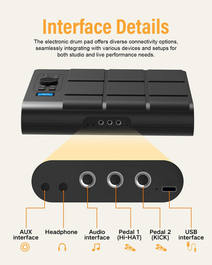 9-pads elektronische drum met LCD, dubbele stereoluidsprekers en pedalen | Draagbaar tafeldrumset voor beginners en professionals | Bluetooth MIDI-compatibel | Ideaal voor thuis, studio en