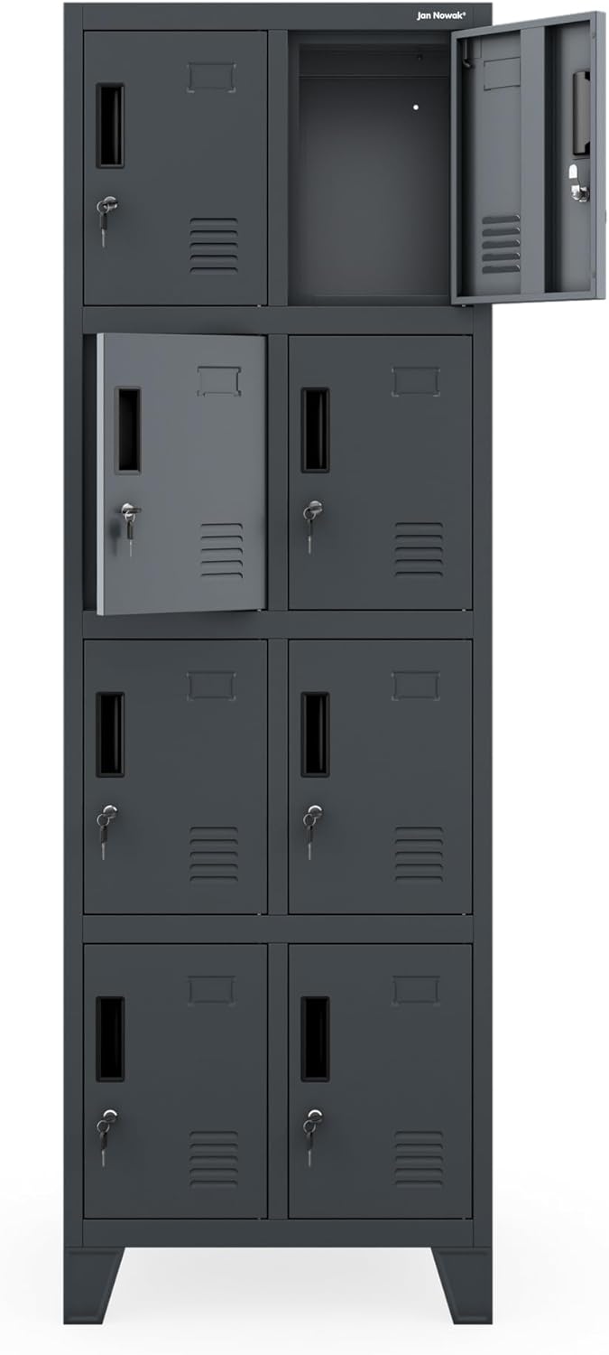 Jan Nowak metal school locker with 8 separate compartments lockable spindle box for school and dressing room with ventilation label holders and locks compact locker cabinet 172 x 56 x 45 cm - QUORE