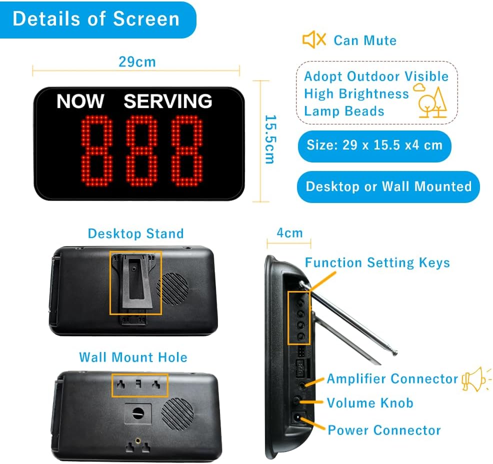 Wireless Call System Take One Number System Queue Management System Restaurant Beeper Waiting Number System with 1 Display Receiver + 1 Thermal Printer + 3 Call Buttons - QUORE