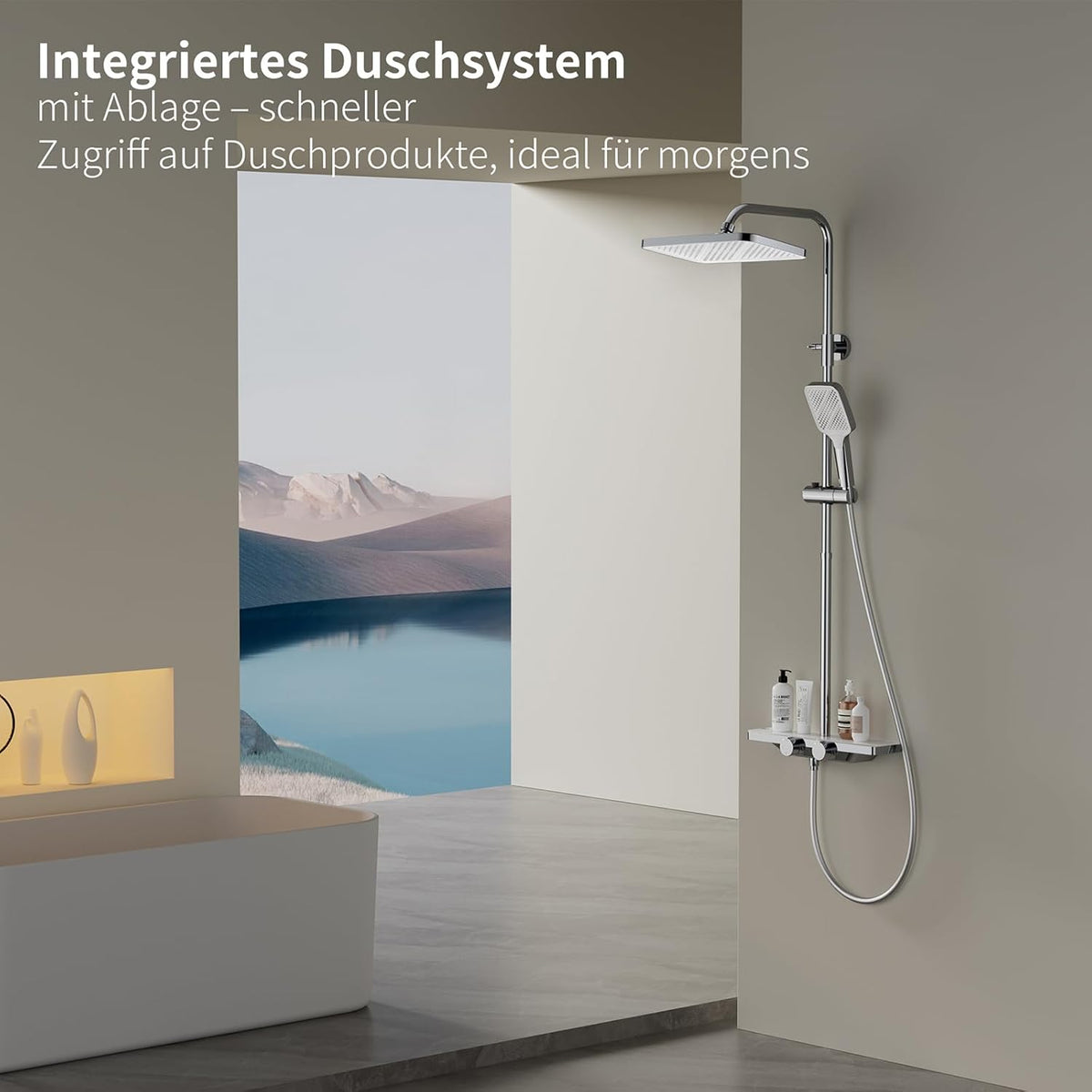 Thermostaat Douchesysteem – Regendouche – Handdouche – Watervalletuit – Douchepaneel – Glasplank 40x10 cm – Veilig 38°C Temperatuurstop – 12 inch 360° Draaibare Regendouchekop