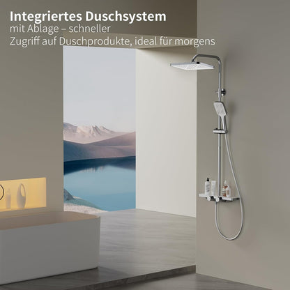 Thermostaat Douchesysteem – Regendouche – Handdouche – Watervalletuit – Douchepaneel – Glasplank 40x10 cm – Veilig 38°C Temperatuurstop – 12 inch 360° Draaibare Regendouchekop