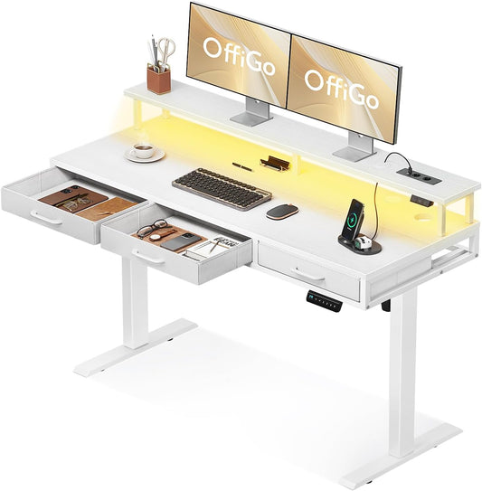 OffiGo Elektrisch bureau met laden, 140cm In hoogte verstelbaar bureau met monitorstandaard, Staand bureau met stopcontacten en lichtlijst, In hoogte verstelbaar bureau, Wit