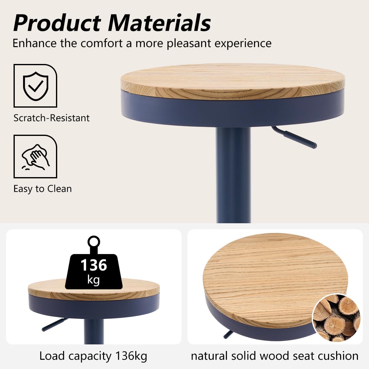 YOUNIKE Barkruk, set van 2, hout, in hoogte verstelbaar, draaibaar, barkruk, keukenkruk, hoogte barstoelen met voetensteun, voor bar, keuken, draaikruk van massief metaal, marineblauw