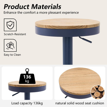 YOUNIKE Barkruk, set van 2, hout, in hoogte verstelbaar, draaibaar, barkruk, keukenkruk, hoogte barstoelen met voetensteun, voor bar, keuken, draaikruk van massief metaal, marineblauw