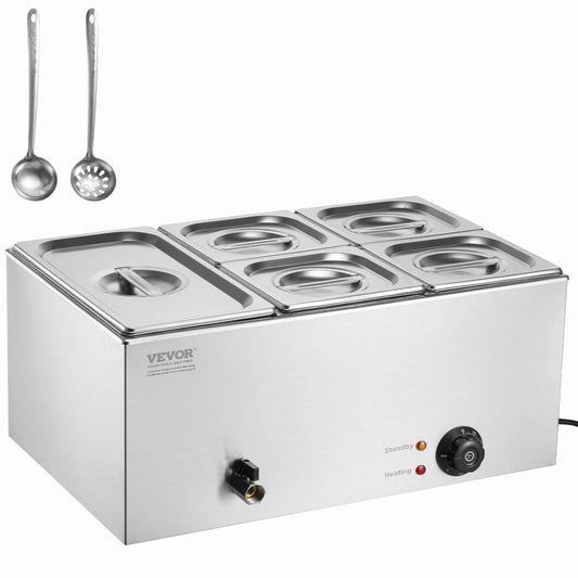 VEVOR Commerciële voedselverwarmer, 14,5 liter, 1 x 1/3 + 4 x 1/6 grootte, elektrische warmhoudplaat, 1200 W, werkblad van roestvrij staal, buffet-Bain-Marie, temperatuurregeling van 30-85 °C