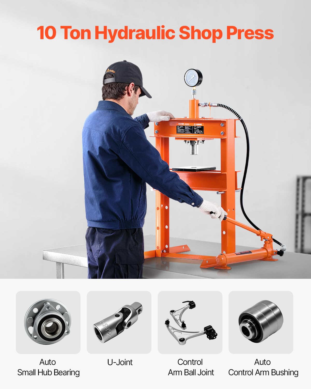 VEVOR Hydraulic shop press, 10T H frame, shop press with press plate and H-shaped base, stable garage floor, adjustable hydraulic press with release valve, suitable for bending, straightening and