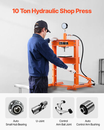 VEVOR Hydraulic shop press, 10T H frame, shop press with press plate and H-shaped base, stable garage floor, adjustable hydraulic press with release valve, suitable for bending, straightening and