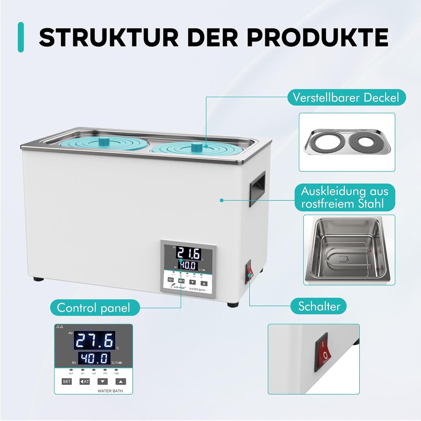Digitaal Laboratoriumwaterbad 6 Liter – Laboratorium Waterbad – Thermostatisch Waterbad – Digitaal Waterbad – Verwarmingsbad – Nauwkeurige Thermostaat ±0,1 °C – Dubbele Opening, Roestvrij Staal