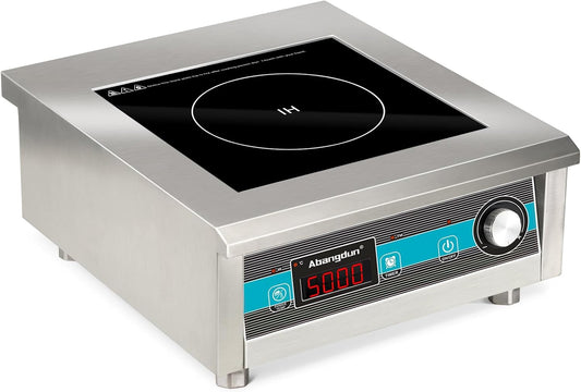 Commerciële inductiekookplaat, 5000 W, 220 V ~ 240 V, professionele commerciële inductiekookplaat met 20 standen, 60-260 °C, 18-uurs timer, roestvrij staal en glas, voor gastronomie, restaurant