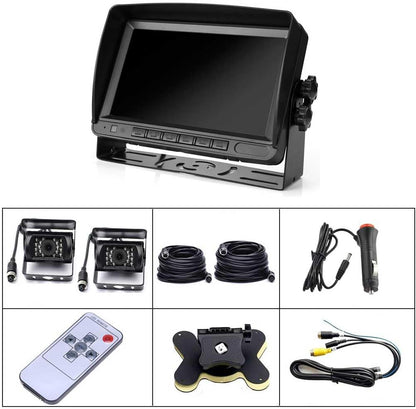 12 V-24 V 4-pins auto-achteruitrijcamerasysteem voor campers Bus Aanhangwagen Vrachtwagen Vrachtwagen Caravan, 7 "TFT LCD HD-kleurenautomonitor met 2 18-leds Nachtzicht Waterdichte achteruitrijcamera