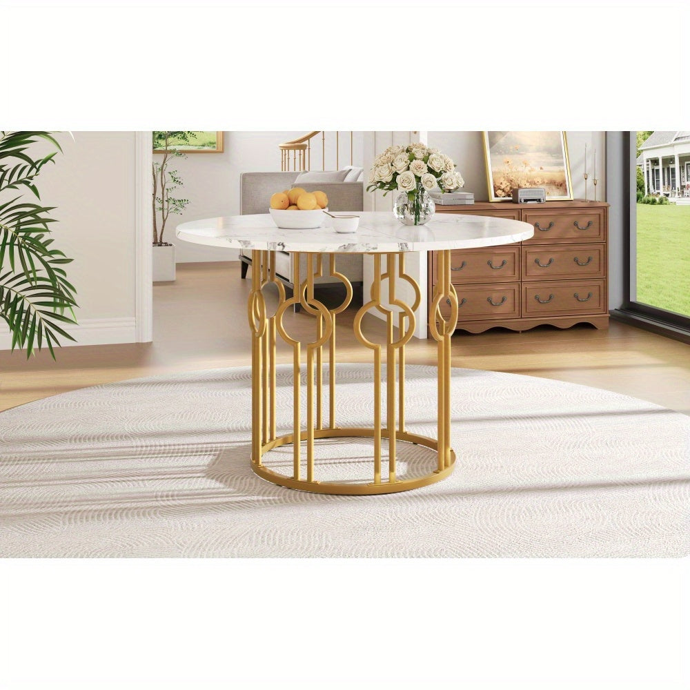Eettafel – Ronde Tafel – Keukentafel – Woonkamertafel – Eetkamertafel – Marmeren Blad – Gouden Metalen Poten – 100 cm Diameter – Stijlvol Klassiek Design