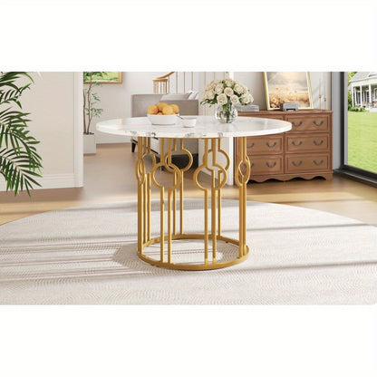 Eettafel – Ronde Tafel – Keukentafel – Woonkamertafel – Eetkamertafel – Marmeren Blad – Gouden Metalen Poten – 100 cm Diameter – Stijlvol Klassiek Design