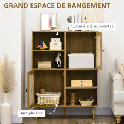 Kast – Boekenkast – Opbergkast – Dressoir – Kledingkast – Hout en Rattan – 4 Lades en 2 Deuren – Compact 90x32,5x120 cm