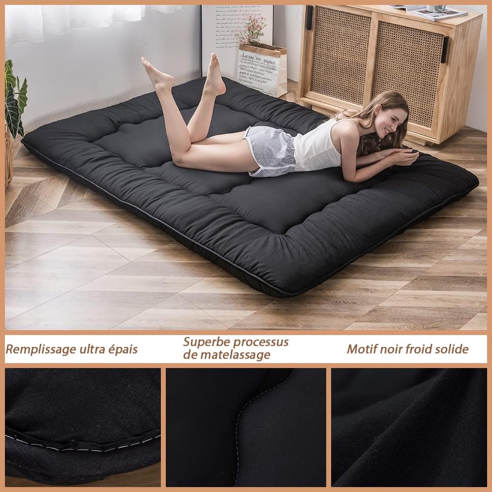 MAXYOYO Futon Floor Mattress, Japanese Floor Mattress, Futon, Foldable, 1 Seater, Quilted Mattress for Guest Travel and Camping(Black,150x200cm)