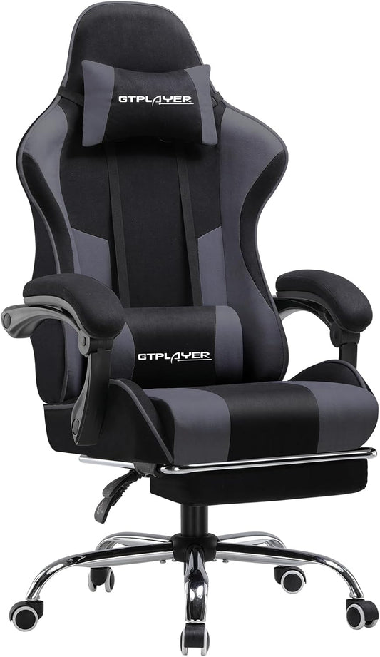 GTPLAYER Gamingstoel, stof, bureaustoel, massage gamingstoel, ergonomische gamerstoel met voetensteun, hoofdsteun, lendenkussen, gevoerde gamingstoel, draaistoel, grijs