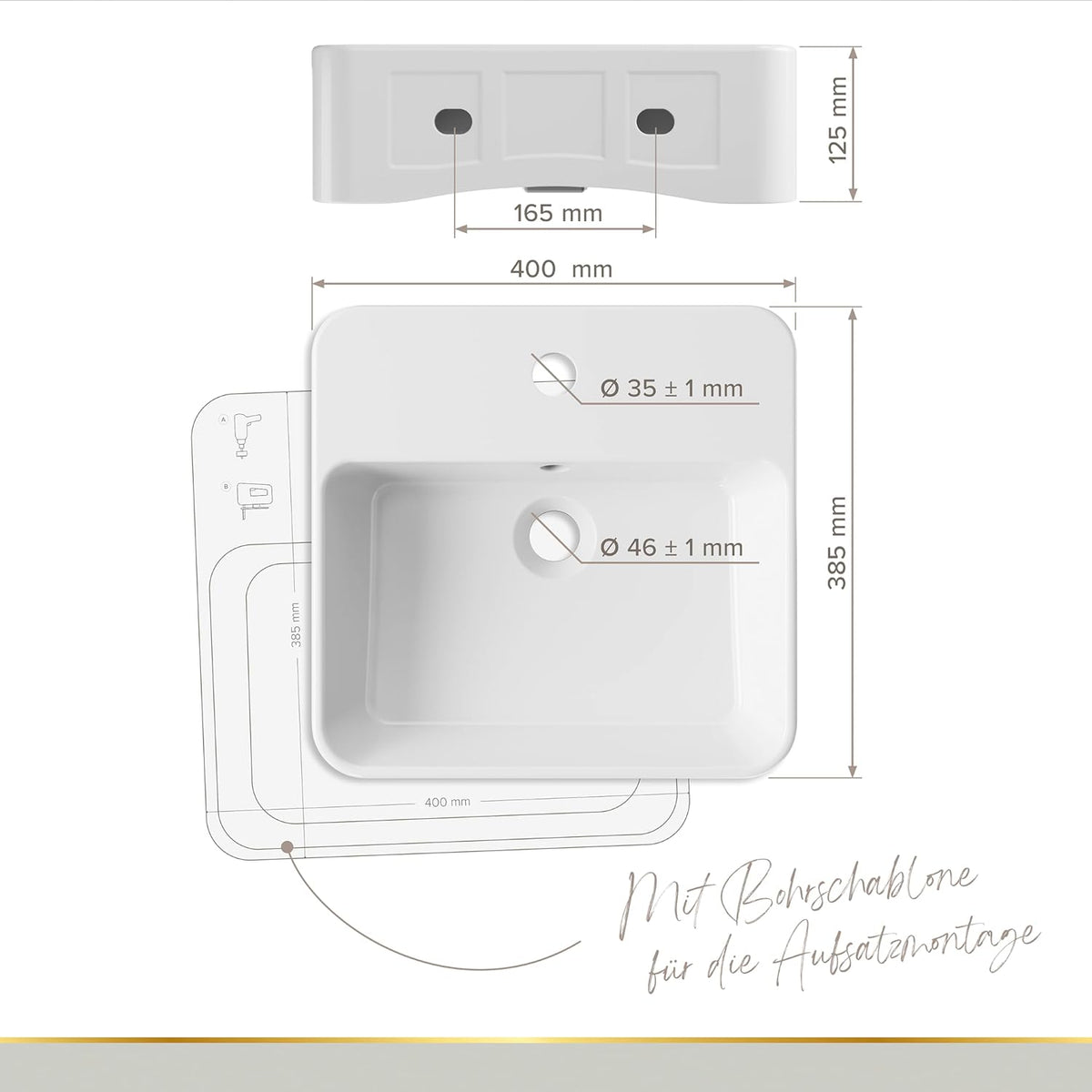 Lenz Handwastafel VALEA voor gastentoiletten en kleine badkamers, 40 cm x 38,5 cm, hangend aan de muur of als opzetwastafel, superglad KeepClean oppervlak, met overloop, wit, 41010161