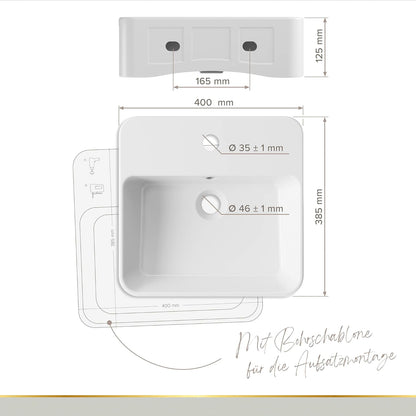 Lenz Handwastafel VALEA voor gastentoiletten en kleine badkamers, 40 cm x 38,5 cm, hangend aan de muur of als opzetwastafel, superglad KeepClean oppervlak, met overloop, wit, 41010161