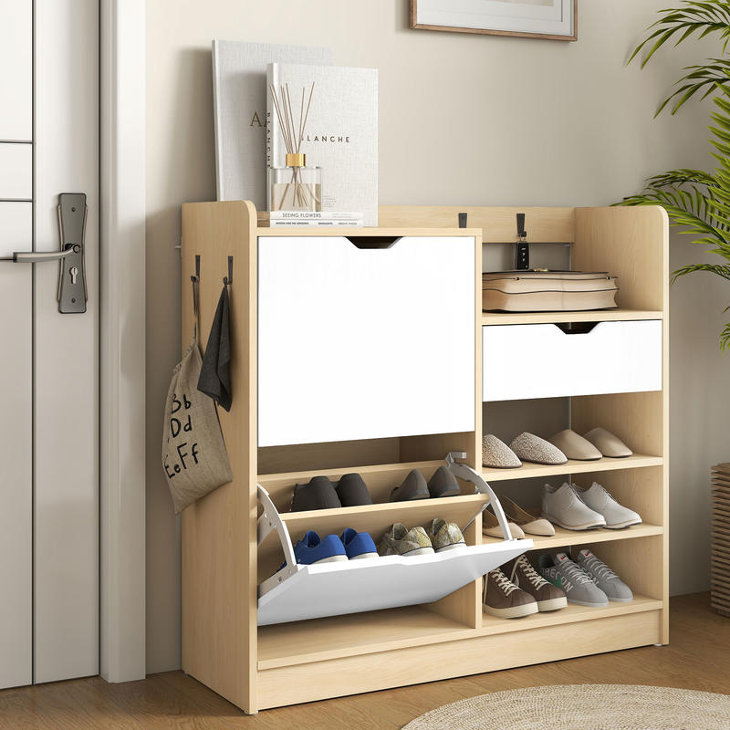 Schoenenkast – Schoenenrek – Schoenopberger – Schoenmeubel – Schoenentoren – Kiepbare Laden – 14 Paar Schoenen – Natuurlijke Houten Look – 4 Haken – Open Planken