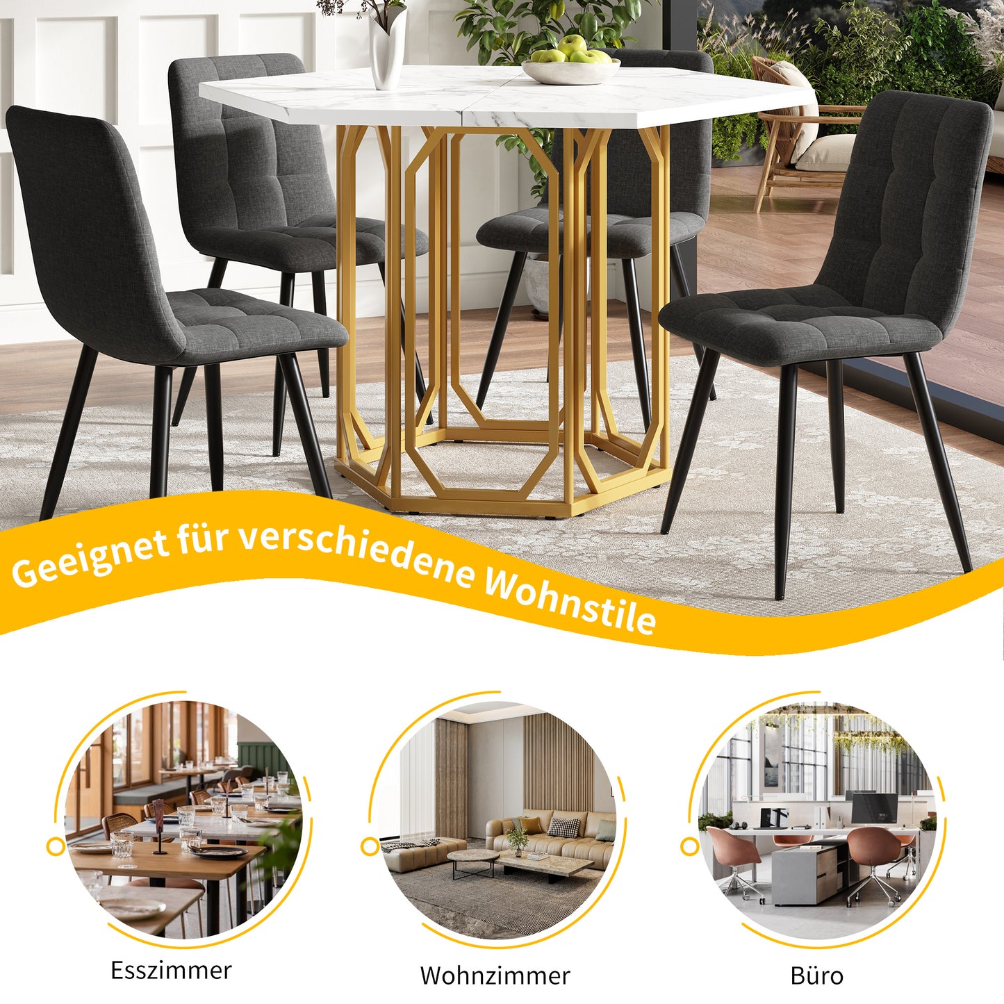 Eettafel Hexagonale Tafel Ontbijttafel Keukentafel Modern Design – Zeshoekige Marmerlook Tafelblad – Gouden Metalen Onderstel – Verstelbare Poten – Stevig & Onderhoudsvriendelijk – 110x95x75 cm