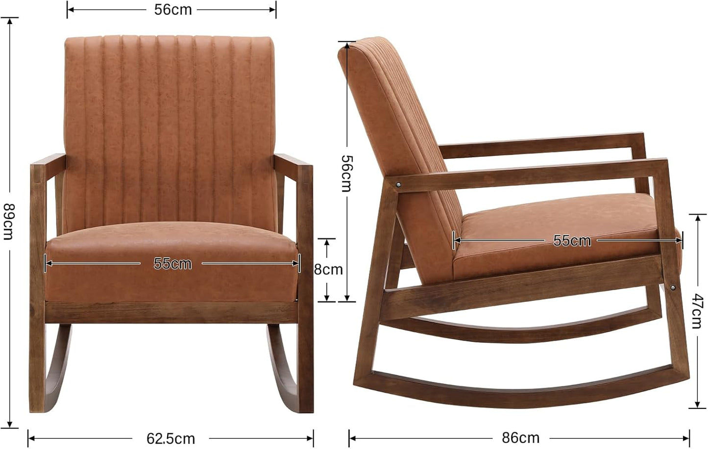 chairus Schommelstoel voor woonkamer PU-lederen leesfauteuil gestoffeerd accent relaxstoel met houten poten (bruin)