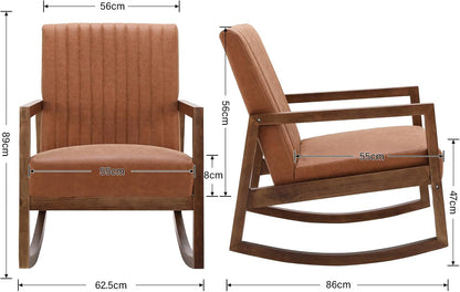chairus Schommelstoel voor woonkamer PU-lederen leesfauteuil gestoffeerd accent relaxstoel met houten poten (bruin)