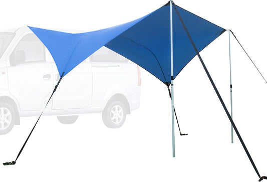 Ultrasport luifelluifel, geschikt voor auto's, bestelwagens en campers, beschermt tegen zon en regen, duurzaam en robuust materiaal, geïntegreerde zuignappen en haringen, palen en riemen, blauw