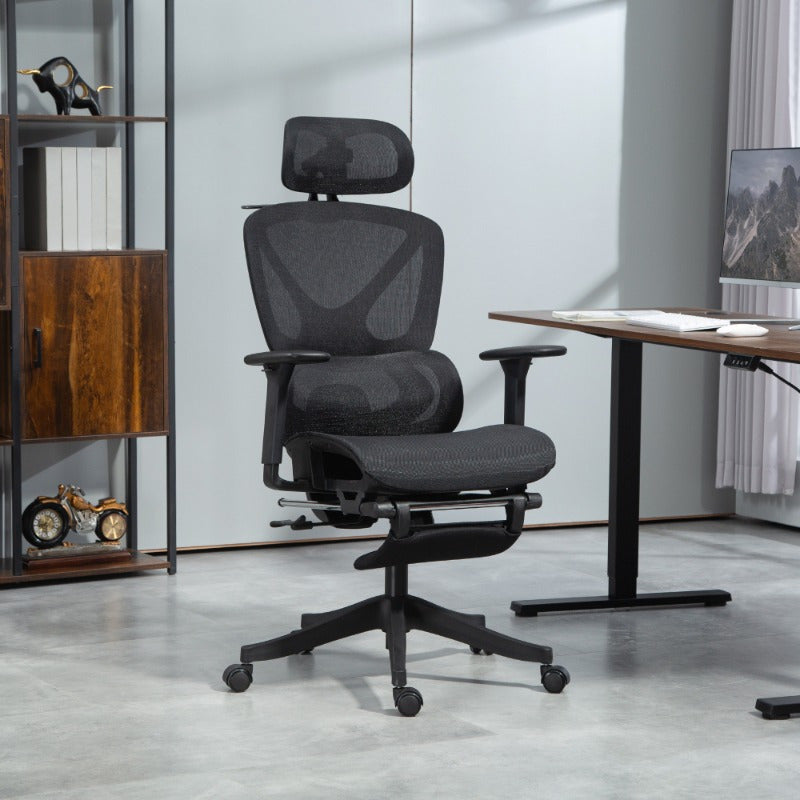 Bureaustoel – Ergonomische Stoel – Office Chair – Draaistoel – Kantoorstoel – Verstelbare Mesh Rugleuning – 3D Armleuningen & Lendensteun – Ademend Zwart – Kantelfunctie, Voetensteun & Jashanger