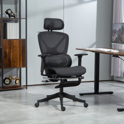 Bureaustoel – Ergonomische Stoel – Office Chair – Draaistoel – Kantoorstoel – Verstelbare Mesh Rugleuning – 3D Armleuningen & Lendensteun – Ademend Zwart – Kantelfunctie, Voetensteun & Jashanger