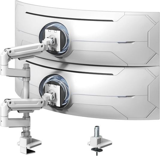 PUTORSEN Monitorhouder 2 monitoren voor 17 tot 49 inch schermen tot 20 kg per arm, extra lange tafelhouder, in hoogte verstelbaar, draaibaar voor optimale ergonomie, VESA 75/100 mm
