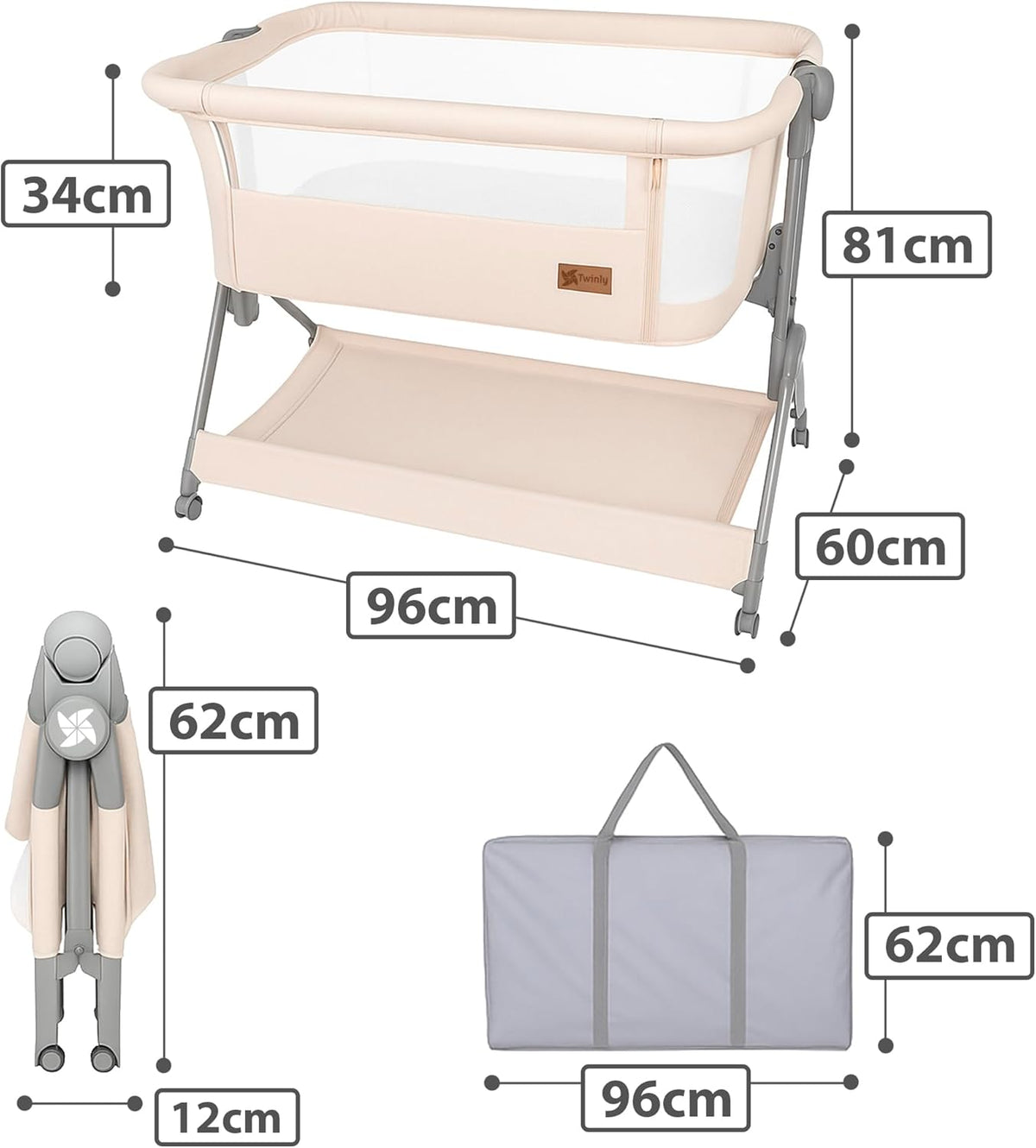 Comfortly 2-in-1 babybed en Mosesmand met wieltjes, inklapbaar, zonder montage, in hoogte verstelbaar en anti-terugstroomfunctie, incl. matras, laken van katoen en tas (grijs)