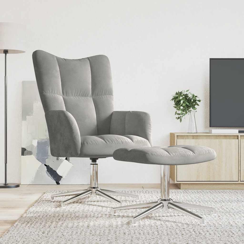 Relaxstoel Met Poef – Relaxstoel – Fauteuil – Tv-Stoel – Ligstoel – Lichtgrijs Fluweel – 360° Draaibaar – Stevig Stalen Frame