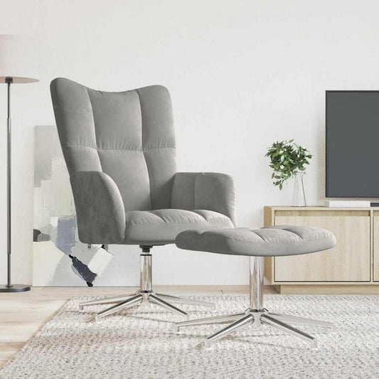 Relaxstoel Met Poef – Relaxstoel – Fauteuil – Tv-Stoel – Ligstoel – Lichtgrijs Fluweel – 360° Draaibaar – Stevig Stalen Frame