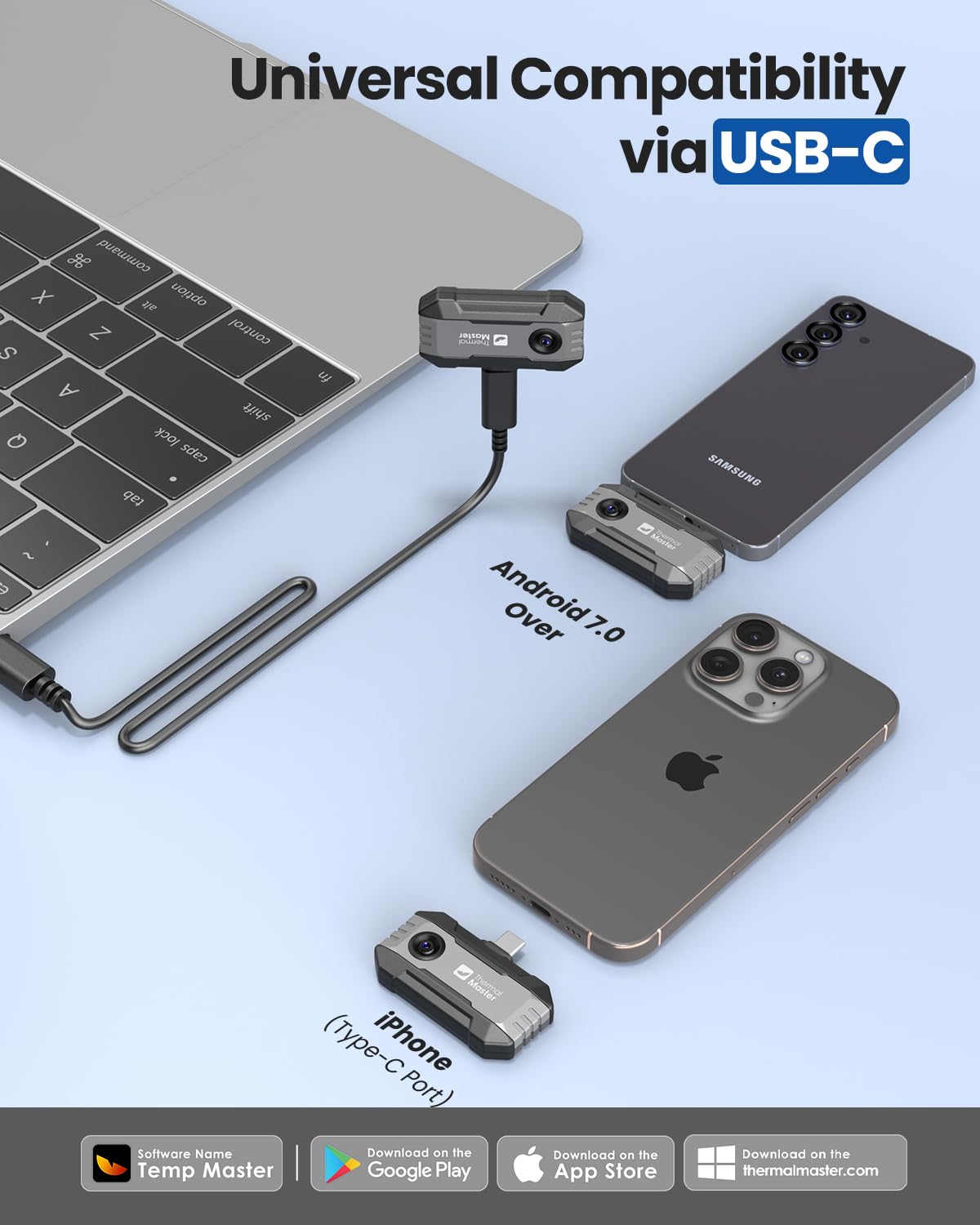 P1 Warmtebeeldcamera voor iPhone 15/16 en Android infraroodcamera met Super IR resolutie 320 x 240, ± 2 °C nauwkeurigheid huisinspectie 15 x zoom, Grijs