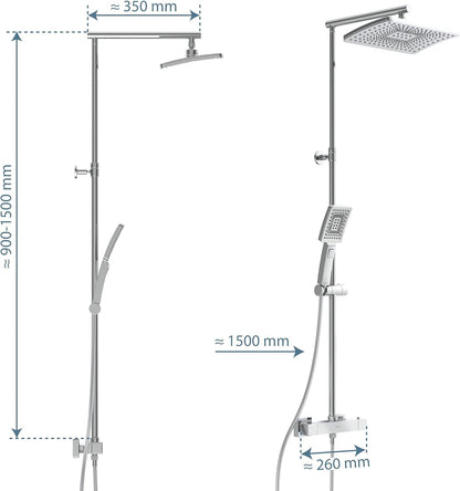 Douchesysteem – Doucheset – Douchezuil – Douchepaneel – Regendouche – Thermostaatkraan – Grote Regendouche 32x20 cm – Verstelbare Handdouche – Waterbesparend – Chroom