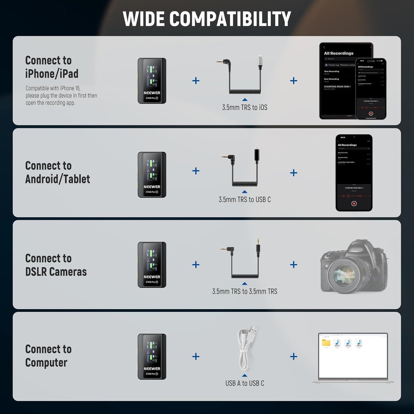 NEEWER CM28 PRO Draadloze lavalier-microfoon + oplaadcase en reinigingsdoek, ruisonderdrukking, 9 uur opname, mini-microfoon compatibel met iPhone iPad, USB C, Android camera, pc, laptop, computer