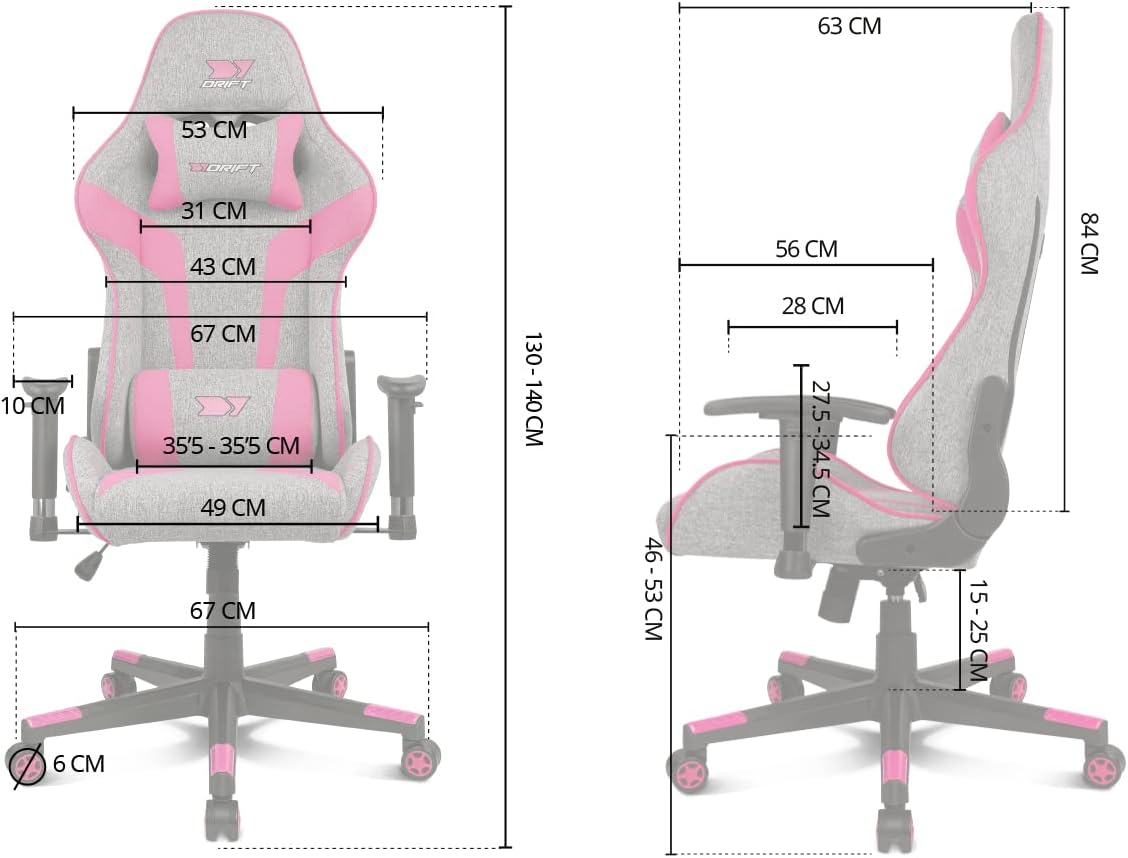 DRIFT Gaming Chair DR90 -DR90GP - Professionele Gaming Stoel, ademende stof, gestoffeerde 2D armleuningen, versterkte nylon basis, klasse 4 zuiger, kantelbaar, lumbaal/cervicaal kussen, grijs/roze