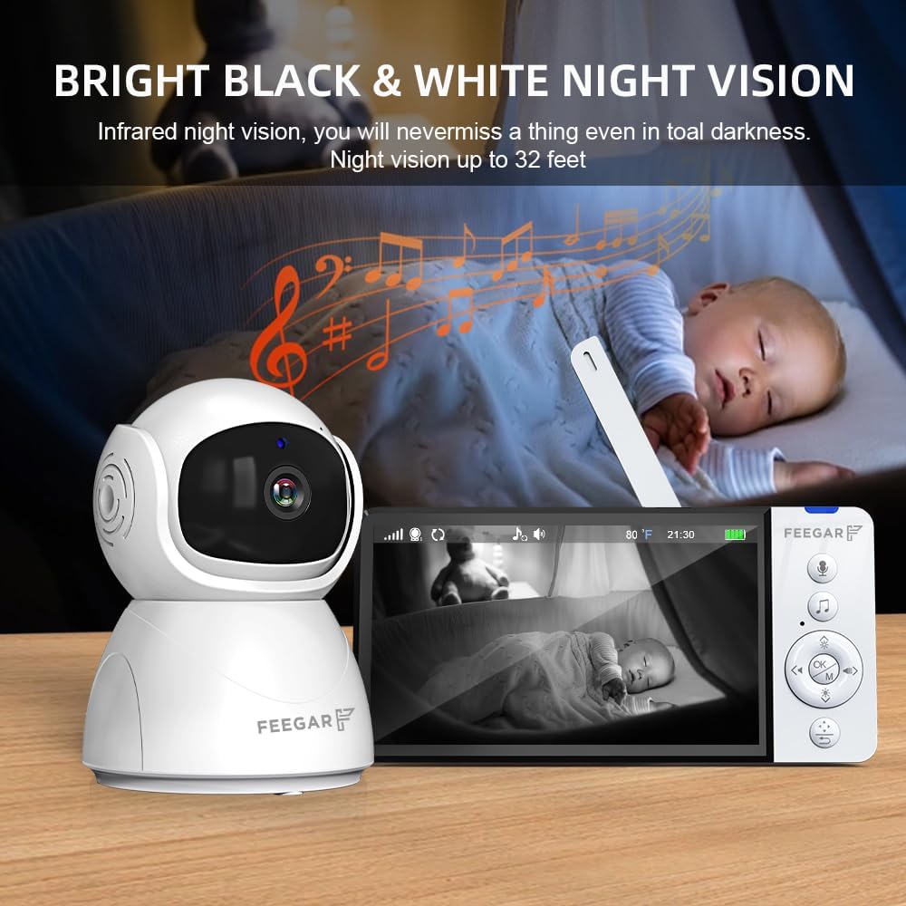 Feegar Babyfoon met camera, babymonitor, 5 inch, 720P HD-display, 2,4 GHz, PTZ 355°/120° babymonitor met afstandsbediening, 2 x zoom, VOX-modus, nachtzicht, temperatuursensor, slaapliedjes, 5000 mAh
