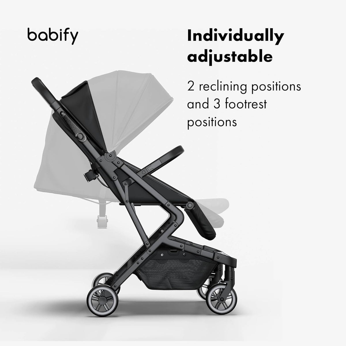Babify Urban Ease Kinderwagen - Geboorte tot 4 jaar (22 kg), Met één hand in te klappen, Verstelbare rugleuning & voetensteun, Uitneembare bekleding, Kap met venster, Compact, Zwart