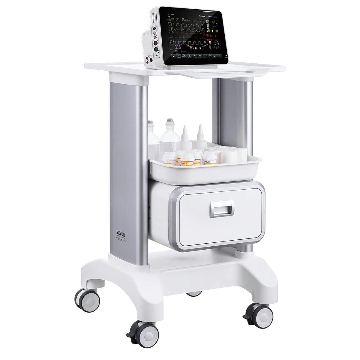 VEVOR Laboratoriumwagen met 2 niveaus, mobiele medische trolley met 1 lade en 1 bovenste plank, verzorgingswagen met ABS-materiaal, 4 stille wielen, voor laboratorium, kliniek, ziekenhuis, woonkamer,