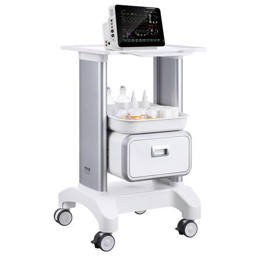 VEVOR Laboratoriumwagen met 2 niveaus, mobiele medische trolley met 1 lade en 1 bovenste plank, verzorgingswagen met ABS-materiaal, 4 stille wielen, voor laboratorium, kliniek, ziekenhuis, woonkamer,