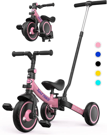 besrey 7-in-1 driewieler voor peuters met stuurgreep, voor 1-5 jaar, opvouwbare wielen, peuterfiets met wielkoppeling, grotere wielen, afneembare pedalen, in hoogte verstelbare zitting, roze