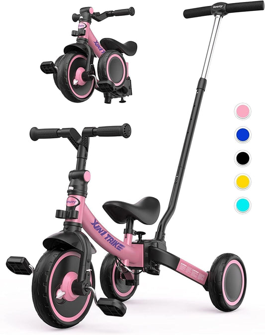 besrey 7-in-1 driewieler voor peuters met stuurgreep, voor 1-5 jaar, opvouwbare wielen, peuterfiets met wielkoppeling, grotere wielen, afneembare pedalen, in hoogte verstelbare zitting, roze