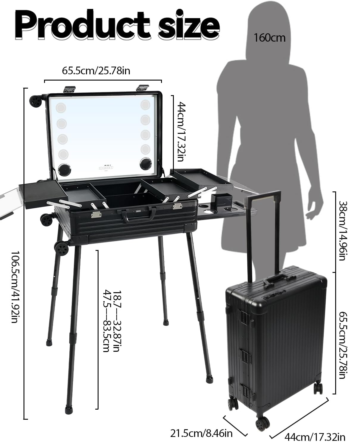 EBANKU Professionele Make-upkoffer, PC Rolling Makeup Travel Case Trolley Cosmetic Case met Verlichte Spiegel en Bluetooth, Cosmetic Case Hairdressing Trolley, 4 Weergaveknoppen(Zwart)