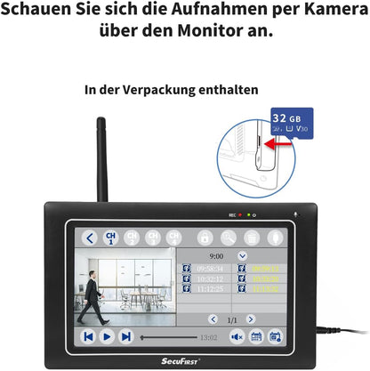 SecuFirst Bewakingscamera voor buiten, kit met binnenmonitor, 7-inch touchscreen, 2TB uitbreidbaar geheugen, zonder wifi, 2K camerabewaking, 32GB lokaal geheugen.