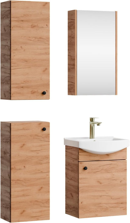 Planetmöbel bathroom cabinet set Washbasin with vanity unit 45 x 60 x 33 cm with mirror cabinet 40 cm, 2X midi cabinets for bathroom & guest toilet, gold oak - QUORE